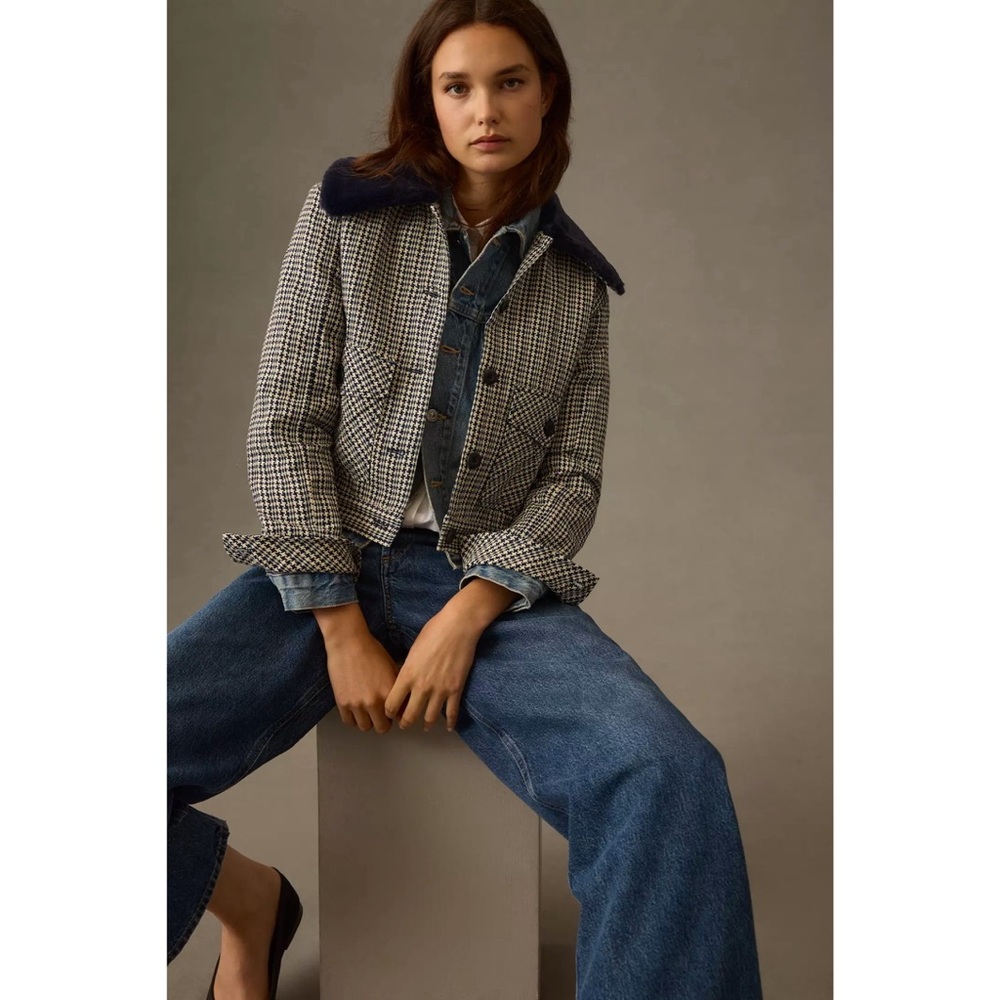 NWT Maeve Tweed Houndstooth Faux Fur Collar Crop Jacket in Navy Multi Chanel